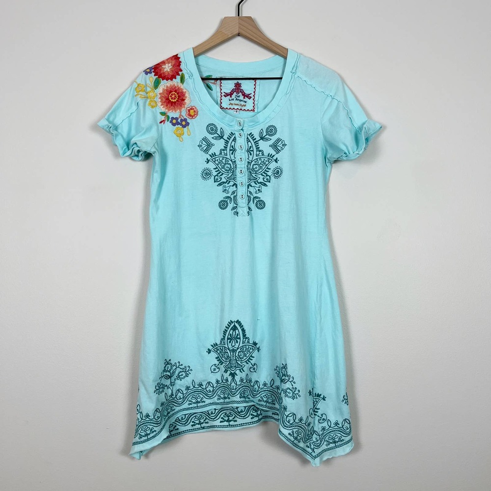 Johnny Was 100% Cotton Floral Embroidered Blue Asymmetrical Hem Tunic Dress S